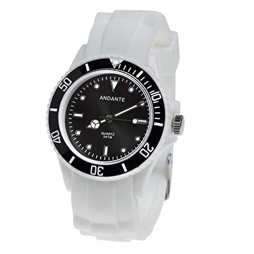 ANDANTE Sportliche wasserdichte Unisex Armbanduhr Silikon Uhr Quarz 3ATM Weiss SCHWARZ AS-5004B Modell 2019 von ANDANTE