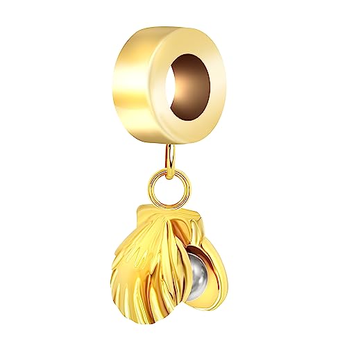 Andante-Stones 925 Sterling Silber Gold Dangle Bead Muschel mit Perle Element Kugel für European Beads Modul Armband + Organzasäckchen von ANDANTE