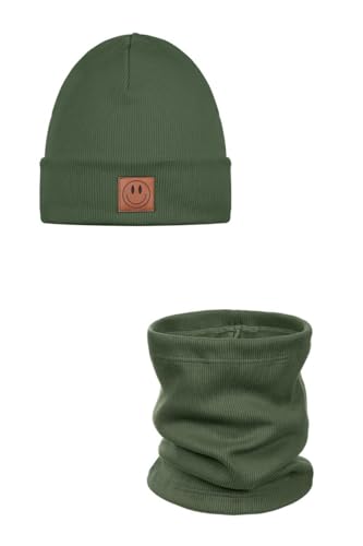 Ander Beanie Kinder und Loop Schal Set SMILE – Beanie & Schlauchschal aus Baumwolle – Frühling Herbst – Unisex Jungen Mädchen – Weich und Stylisch 48-52 KHAKI von ANDER