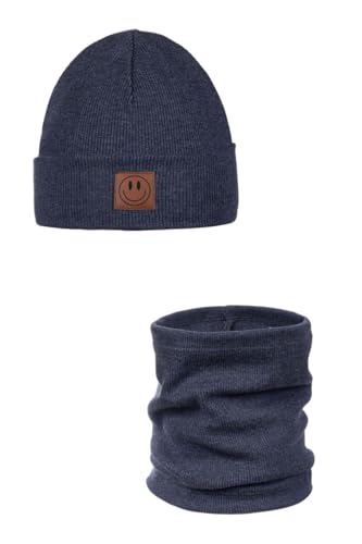 Ander Beanie Kinder und Loop Schal Set SMILE – Beanie & Schlauchschal aus Baumwolle – Frühling Herbst – Unisex Jungen Mädchen – Weich und Stylisch 52-56 NAVY MELANGE von ANDER