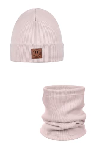 Ander Beanie Kinder und Loop Schal Set Smile – Beanie & Schlauchschal aus Baumwolle – Frühling Herbst – Unisex Jungen Mädchen – Weich und Stylisch 52-56 Powder PINK von ANDER