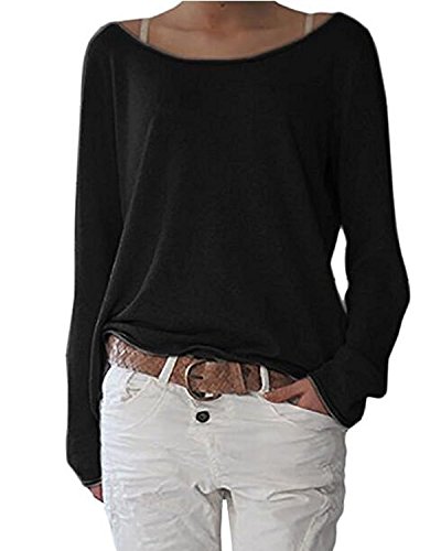 ZIOOER Damen Pulli Langarm T-Shirt Rundhals Ausschnitt Lose Bluse Langarmshirts Hemd Pullover Sweatshirt Oberteil Tops Shirts Schwarz S von ZIOOER