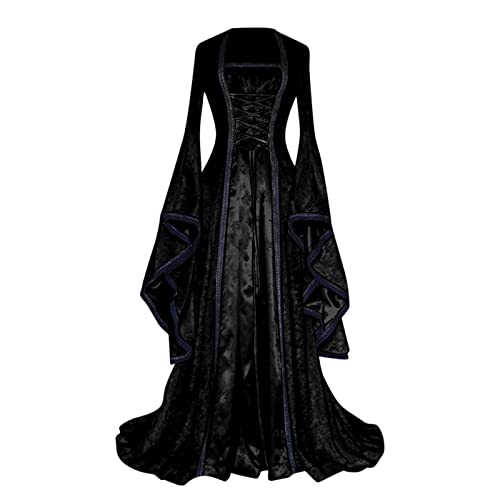 ANDGRO Gothic Kleider Mittelalter, Damen Mittelalter Kostüm Kleid Samt Trompetenärmel Vintage Maxikleid Bodenlanges Schnürkleid Cosplay Renaissance Kostüm Festlich Halloween Karneval Gothic Kleider von ANDGRO