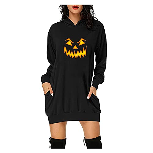 ANDGRO Halloween Kleid Damen,Gothic Drucken Hoodie Kleid Langarm Lange Pulloverkleid Damen Taschen Kapuzenpullover Herbst Winter Warm Freizeitkleid Festlich Karneval Partykleid Oversized Minikleid von ANDGRO