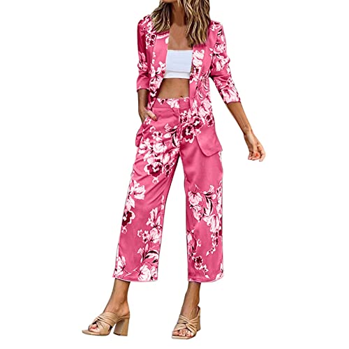 ANDGRO Hosenanzug Damen, Elegant Binden Business Anzug Set Hosenanzug Blazer Hose 2-teilig Anzug Karo Blumen Druckn Zweiteiler Slimfit Streetwear Festlich Sportlich Tunika Hosenanzug von ANDGRO