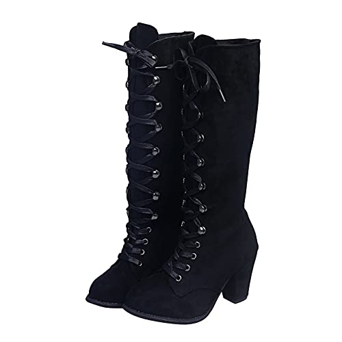 ANDGRO Stiefel Damen,Overknees Stiefel Kniehohe Winterstiefel Damen Wildleder Reitstiefel Blockabsatz Mittlere Wadenstiefel Mode Keile Stiefel Freizeit Runde Zehe Reißverschluss Schnürstiefel von ANDGRO