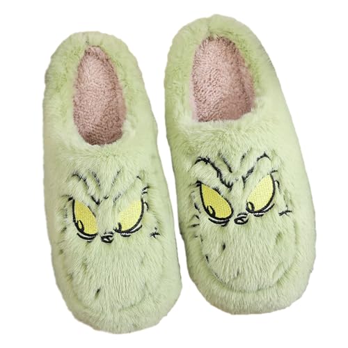 ANDGRO Weihnachten Hausschuhe Damen Grinch Flaumig Slippers Plüsch Pantoffeln Tiere Niedliche Cartoon Hauspantoffeln Kuschelige Warme Schuhe Indoor Casual Winter Frauen Mädchen Bequem Slipper von ANDGRO