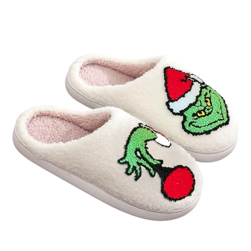 ANDGRO Weihnachten Hausschuhe Damen Grinch Flaumig Slippers Plüsch Pantoffeln Tiere Niedliche Cartoon Hauspantoffeln Kuschelige Warme Schuhe Indoor Casual Winter Frauen Mädchen Bequem Slipper von ANDGRO