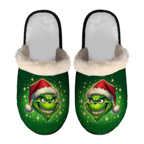 ANDGRO Weihnachten Hausschuhe Damen Grinch Flaumig Slippers Plüsch Pantoffeln Tiere Niedliche Cartoon Hauspantoffeln Kuschelige Warme Schuhe Indoor Casual Winter Frauen Mädchen Bequem Slipper von ANDGRO