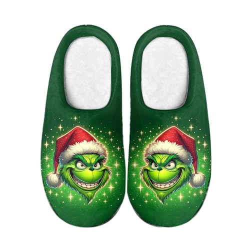 ANDGRO Weihnachten Hausschuhe Damen Grinch Flaumig Slippers Plüsch Pantoffeln Tiere Niedliche Cartoon Hauspantoffeln Kuschelige Warme Schuhe Indoor Casual Winter Frauen Mädchen Bequem Slipper von ANDGRO