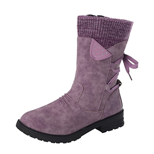 ANDGRO Winterstiefel Damen, Damen Cowboystiefel Plateau Rutschfeste Stiefel Glattleder Stricken Vintage Schnürung Stiefeletten Halbhohe Langschaft Winterstiefel Casual Herbst Winter Winterschuhe von ANDGRO