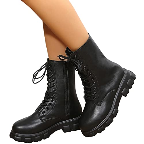 Stiefel Damen,Blockabsatz Mittlere Wadenstiefel Blockabsatz Gotisch Stiefeletten mit Absatz Damenstiefel Schnürstiefel Silhouette Reißverschluss Reitstiefel Spitze Zehenkappe Westernstiefel von ANDGRO