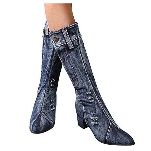 Stiefel Damen,Blockabsatz Spitz Kurzschaft Boots Stiefeletten Damen Mit Absatz Denim Stiefelette Seitlichem Reißverschluss Westernstiefel Vintage Damenstiefel Damenschuhe Römische Stiefel von ANDGRO