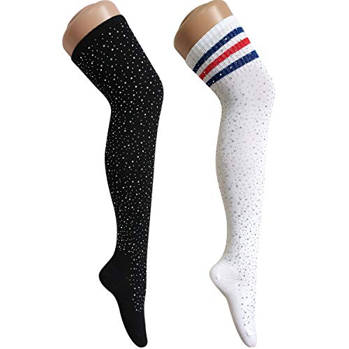 ANDIBEIQI 2 Pack Damen Kniestrümpfe - Overknee Strümpfe Streifen Lange Socken Retro Knitting Strümpfe Mädchen Cheerleader Sportsocken Baumwollstrümpfe von ANDIBEIQI