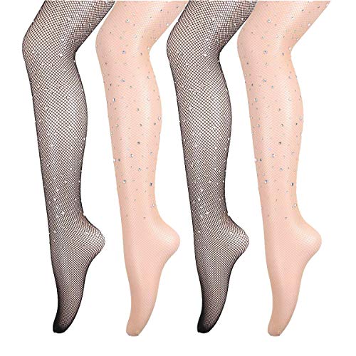 ANDIBEIQI 4 Paar Damen Netzstrumpfhosen mit Diamanten, Feinstrumpfhosen, Strumpfhosen Damen Mesh Strümpfe Frauen Fischnetz Netzstrümpfe Socken Strumpfe von ANDIBEIQI