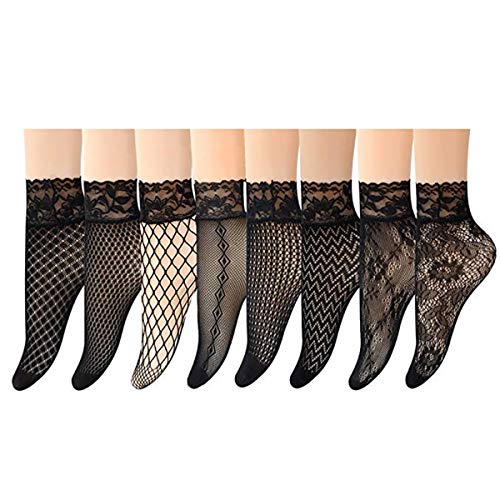 ANDIBEIQI 8 Paar Damen Fischnetz S?ckchen Netz Socken Netzstr¨¹mpfe Kristall Spitze Socken S?ckchen Transparente Lace Strumpf Spitzensocken Gothic Sommer von ANDIBEIQI