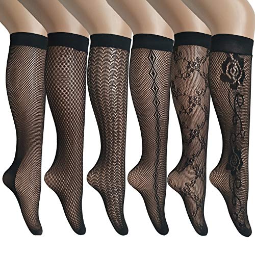 ANDIBEIQI Damen Netzstrumpf Kristall Spitze Socken 6 Paare Knee High Socks Lace Strumpf Spitzensocken Gothic Sommer Schwarz von ANDIBEIQI