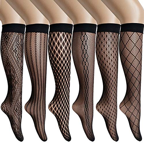 ANDIBEIQI Damen Netzstrumpf Kristall Spitze Socken 6 Paare Knee High Socks Lace Strumpf Spitzensocken Gothic Sommer Schwarz von ANDIBEIQI