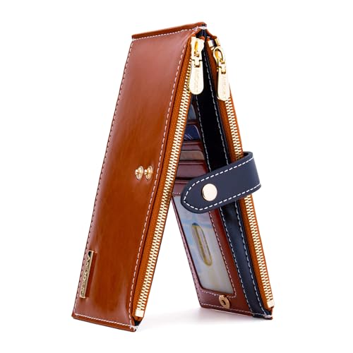 ANDOILT Geldbörse für Damen, echtes Leder, RFID-blockierend, mehrere Karten, Geldbörse mit Reißverschlussfach, B_Braun, Einheitsgröße, Einfacher Stil von ANDOILT