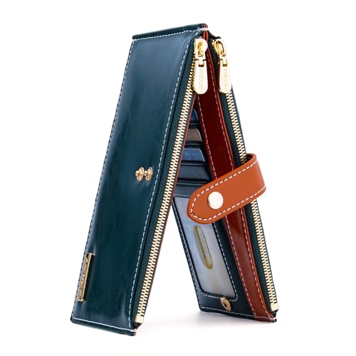 ANDOILT Geldbörse für Damen, echtes Leder, RFID-blockierend, mehrere Karten, Geldbörse mit Reißverschlussfach, B_grün, Einheitsgröße, Einfacher Stil von ANDOILT