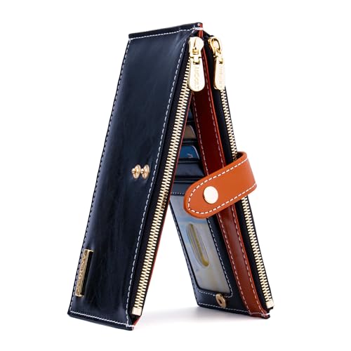 ANDOILT Geldbörse für Damen, echtes Leder, RFID-blockierend, mehrere Karten, Geldbörse mit Reißverschlussfach, B_schwarz, Einheitsgröße, Einfacher Stil von ANDOILT