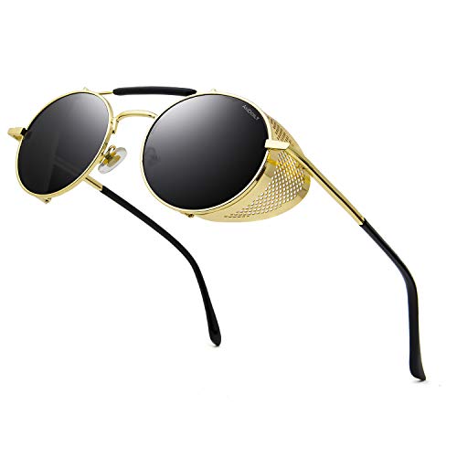 ANDOILT Steampunk Sonnenbrille Herren Damen Runde Retro Vitage Sonnenbrillen UV400 Schutz Metall Rahmen Gold Rahmen Graue Linse von ANDOILT