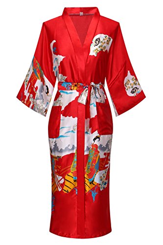 ANDOLLY Langer Damen-Bademantel mit Blumenmuster, Satin, Kimono, seidig, vertuscht, Braut-Bademantel, weiche Nachtwäsche, Rot/Ausflug, einfarbig (Getaway Solids), Medium von ANDOLLY