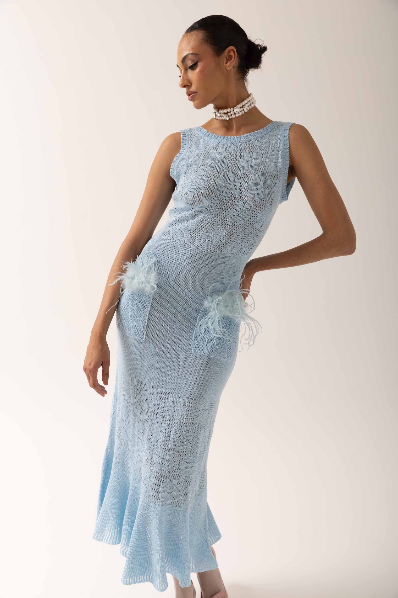 Blue Rose Knit Dress - Blue - S - ANDREEVA - Midi dresses von ANDREEVA