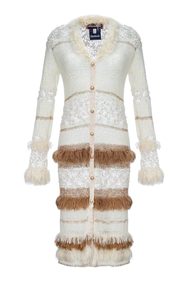 Brown Sundown Handmade Knit Cardigan-Dress With Pearl Buttons von ANDREEVA