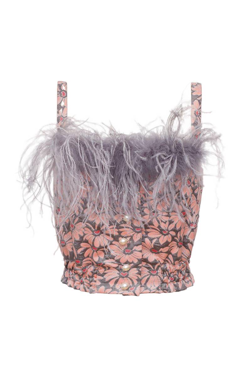 ANDREEVA | Grey flower top with feather details and pearl buttons | Women's Baby Pink Sleeveless tops von ANDREEVA