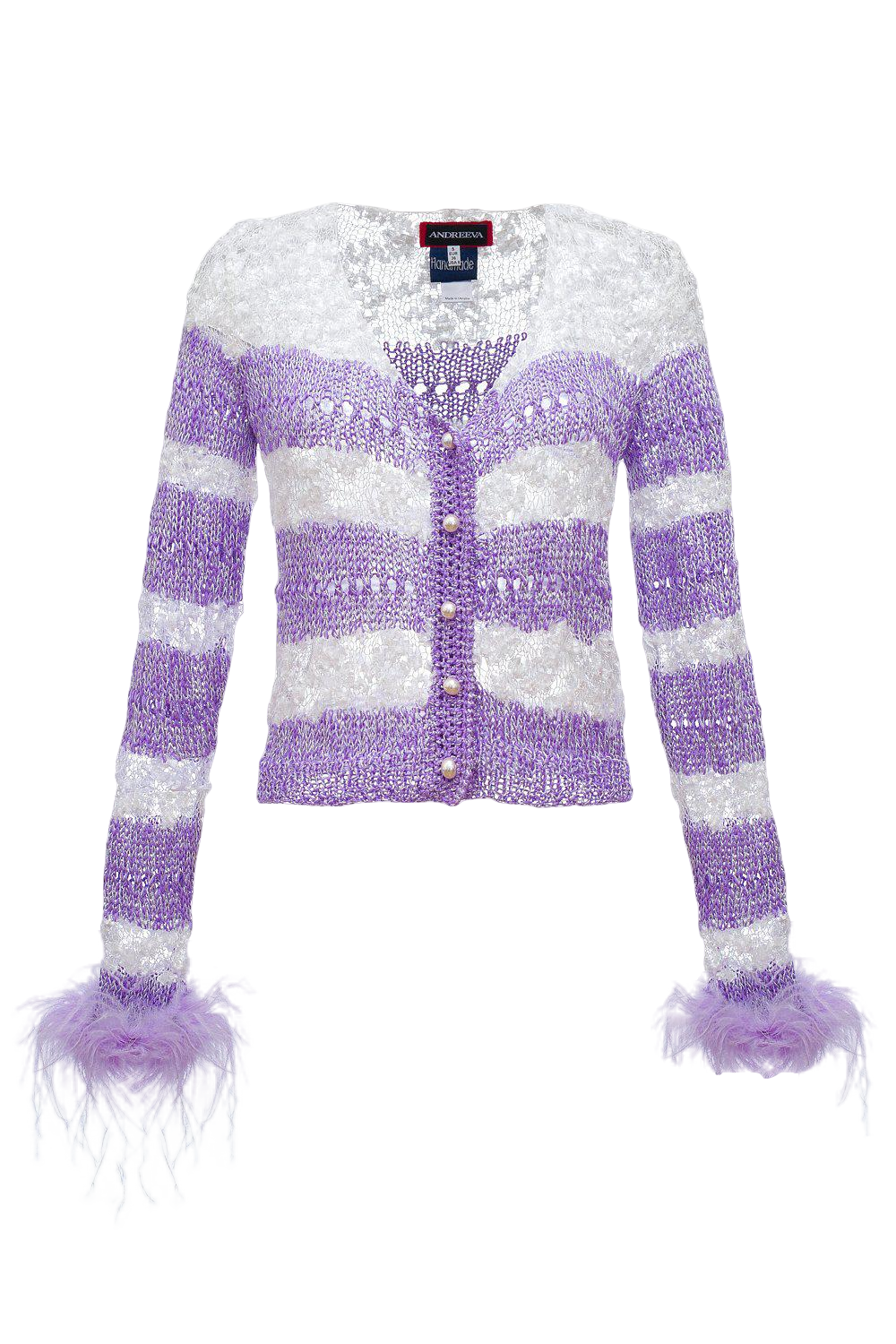 Lavender Handmade Knit Sweater With Detachable Feather Details On The Cuffs and Pearl Buttons von ANDREEVA