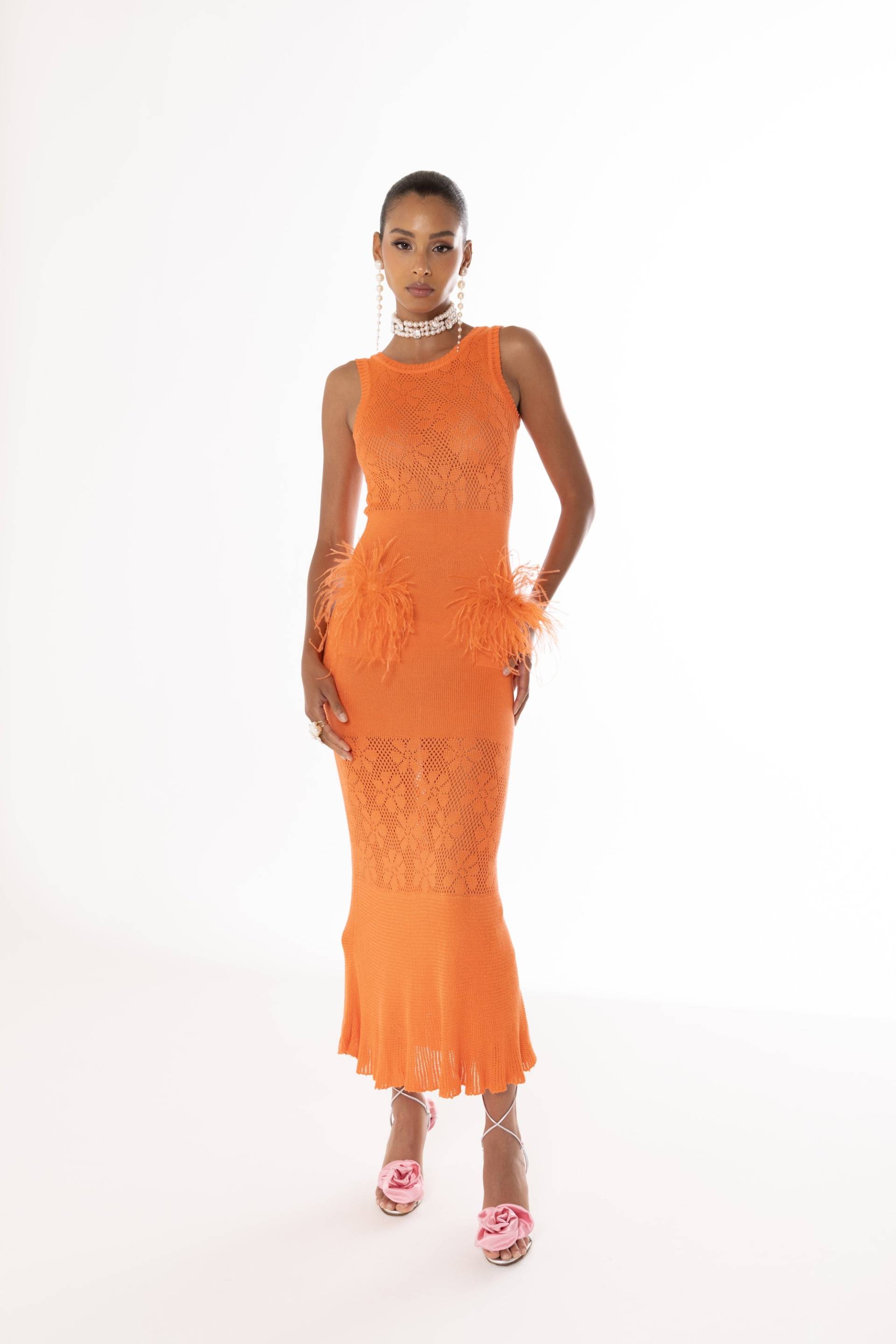 Vanilla Orange Knit Dress With Feathers - Orange - XL - ANDREEVA - Midi dresses Vanilla Orange Knit Dress With Feathers - Orange - XL - ANDREEVA - Midi dresses von ANDREEVA