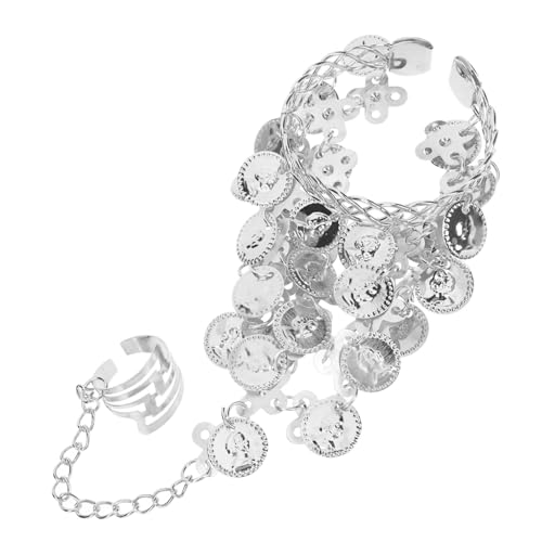 ANDRESLAD 2 Stück Teiliges Bauchtanz Schmuckset Silberfarbene Arm und Fußkette mit Fingerspitzenring Leichtes Stabiles Tanzarmband für Damen Passend zu Kostümen und Festkleidung von ANDRESLAD