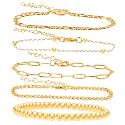 ANDRESLAD 5 Stück Teiliges Armband Damen Dünne Stapelbare Goldfarbene Metallarmbänder Vielseitige Designs Elegantes Robustes Schmuck Alltag und Besondere Anlässe von ANDRESLAD
