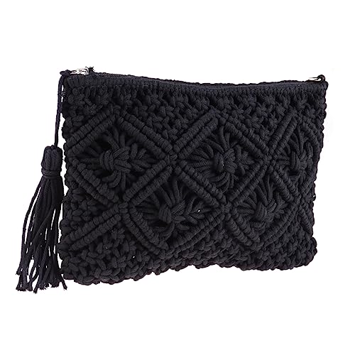ANDRESLAD Baumwollgewebte Handtasche Mit Quaste Stylische Clutch Für Damen Für Sommer Strand Und Einkäufe Schwarz von ANDRESLAD