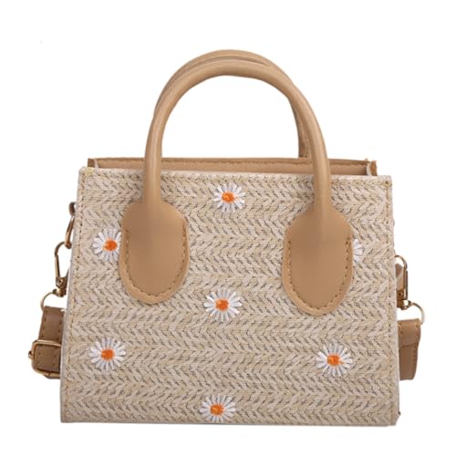 ANDRESLAD Damen Handtasche aus Hochwertigem Strohgeflecht Robuste Umhängetasche mit Blumendekor Praktische Kleine Schultertasche für Alltag und Fotoshootings Karierte Khaki Farbe von ANDRESLAD