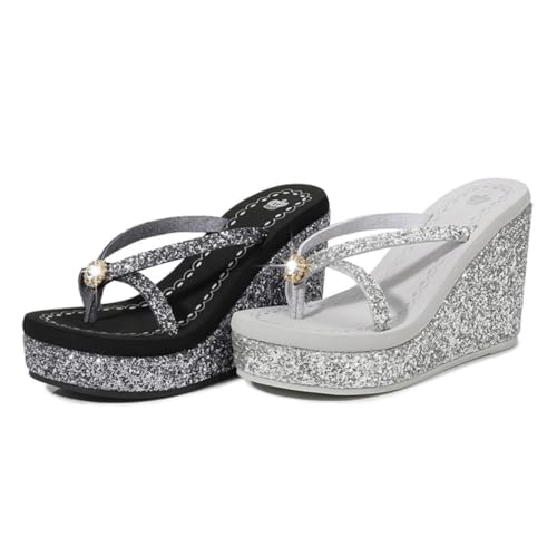 ANDRESLAD Damen High Heeled Sandalen Sommer Glitzer Strandschuhe mit Absatz und Rutschfester Sohle Modische Pailletten und Kristall design Bequem für Freizeit und Outdoor Silber von ANDRESLAD