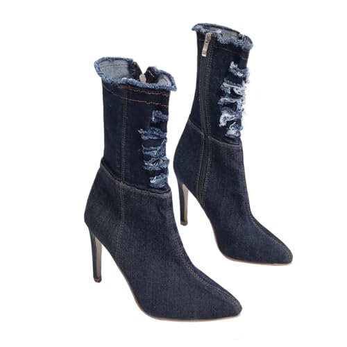 ANDRESLAD Damen High-heeled Boots aus Elastischem Denim Schmale Absatzstiefel für Herbst Winter Stilvolle Langlebige Stiefeletten in Tiefem Blau Flexibel und Atmungsaktiv Passend zu Jeans von ANDRESLAD