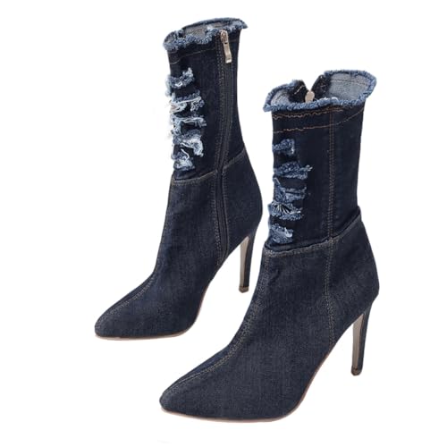 ANDRESLAD Damen High-heeled Boots aus Elastischem Denim mit Dünnem Absatz Modische Herbst-winter Stiefel Schlanke Rutschfeste Gummisohle Atmungsaktive Mikrofaser-innensohle von ANDRESLAD