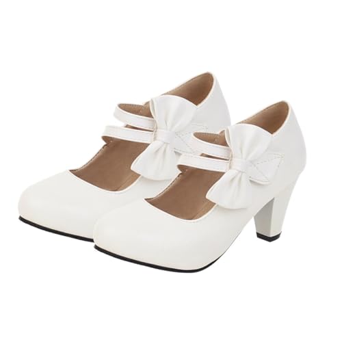 ANDRESLAD Damen Pumps mit Blockabsatz und Schleife Bequeme Anti rutsch Sohle Langlebiges Hautfreundliches Material Modische High Heels für Partys Büro und Besondere Anlässe Weiß von ANDRESLAD