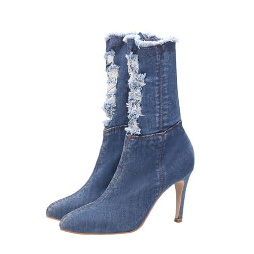 ANDRESLAD Damen Stiefel mit Elastischem Denim Hoher Absatz Rutschfest Atmungsaktiv und Komfortabel Modische Design für Herbst und Winter Leichte und Langlebige Frauen Boots Hellblau von ANDRESLAD