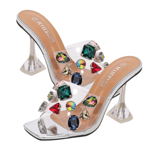 ANDRESLAD Elegante Damen High Heel Sandalen mit Strasssteinen Sommerliche Outdoor Slippers Vielseitige Modische Schuhe für Partys Hochzeit Büro Silberfarben von ANDRESLAD