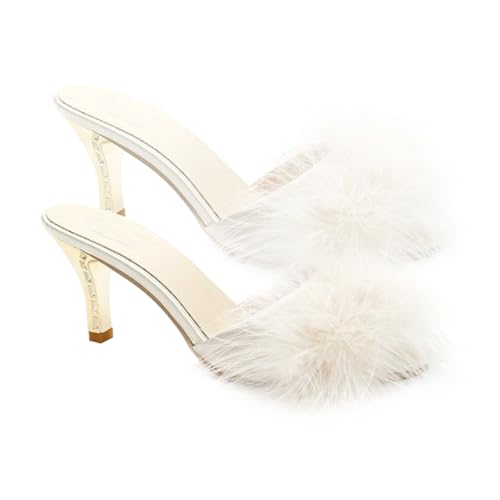ANDRESLAD Elegante Damen High Heel Slippers Weiß Beige Modische Sommer Sandalen mit Spitzem Design Bequeme Absatzpantoletten für Langes Tragen Figurbetont und Stylish für Alltag und Party von ANDRESLAD