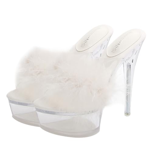ANDRESLAD Fluffy High Heel Sandalen Damen Thin Heeled Slippers Sommer Outdoor Transparent Plateau Hausschuhe Komfortabel Elegant Weiß von ANDRESLAD