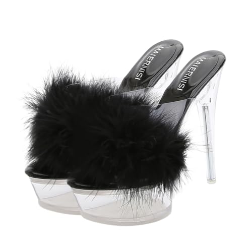 ANDRESLAD Fluffy High Heel Slippers Damen Sandalen Transparent Thin Heeled Slippers Sommer Hausschuhe mit Hohem Absatz für Mädchen und Frauen Schwarze Stilvolle Pantoletten von ANDRESLAD