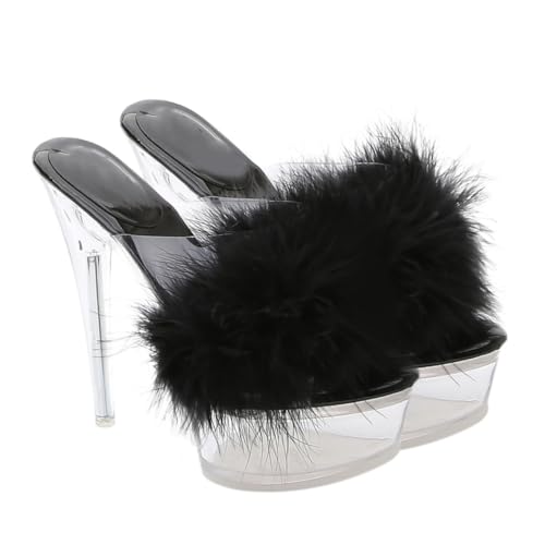 ANDRESLAD Fluffy High Heel Slippers Damen Sandaletten mit Dünnem Absatz und Weichem Komfort Modische Transparente High Heels mit Flauschigem Design Hautfreundlich und Angenehm zu Tragen von ANDRESLAD