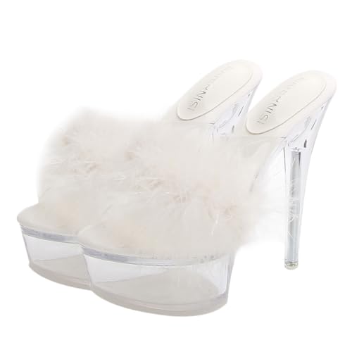 ANDRESLAD Fluffy High-heel Sandalen Damen Transparent Glänzend Thin Heels Modische Girl Slippers Elegant Atmungsaktiv Stylische Absatzschuhe Weiß von ANDRESLAD