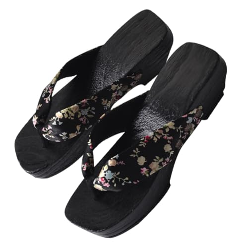 ANDRESLAD Japanische Damen Holzclogs Sandalen Sommermode Flache Rutschfeste Pantoletten mit Atmungsaktivem Hautfreundlichem Obermaterial Modisch und Bequem für Alltag und Strand Schwarz von ANDRESLAD