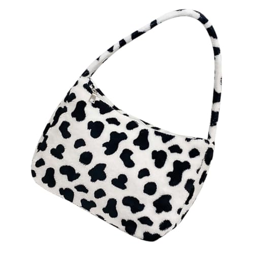 ANDRESLAD Plüsch Schultertasche Damen mit Niedlichem Kuh Muster Weiche Winter Umhängetasche mit Reißverschluss Mittelgroßes Single Shoulder Tote Modische Unterarmtasche für Alltag und von ANDRESLAD