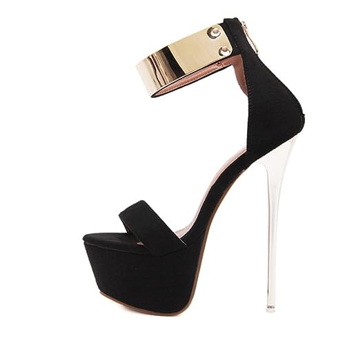ANDRESLAD Damen High Heel Sandalen 16cm Plateau Chunky Heels Sommerschuhe mit Knöchelriemen Rutschfeste Sohle Offene Zehen Schwarz Größe 38 Eu für Sommer und Party von ANDRESLAD
